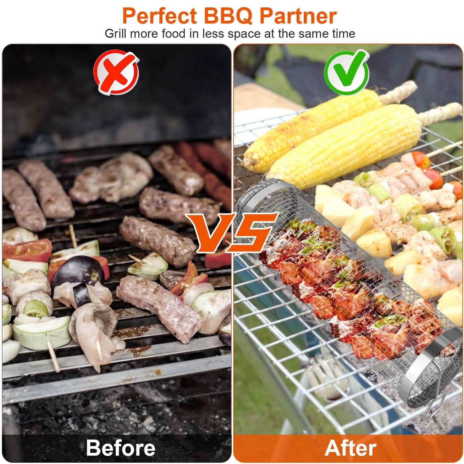 2-Piece: Portable BBQ Rolling Basket Round Stainless Steel Grill Kitchen Tools & Gadgets - Tophatter Daily Deals