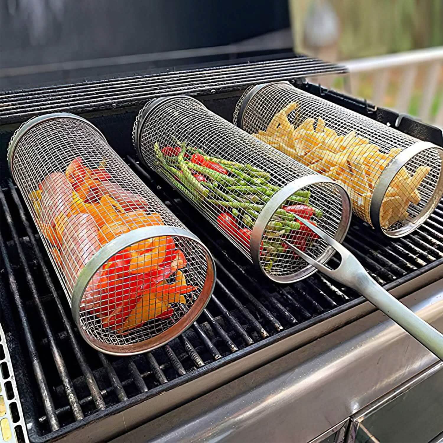 2-Piece: Portable BBQ Rolling Basket Round Stainless Steel Grill Kitchen Tools & Gadgets - Tophatter Daily Deals