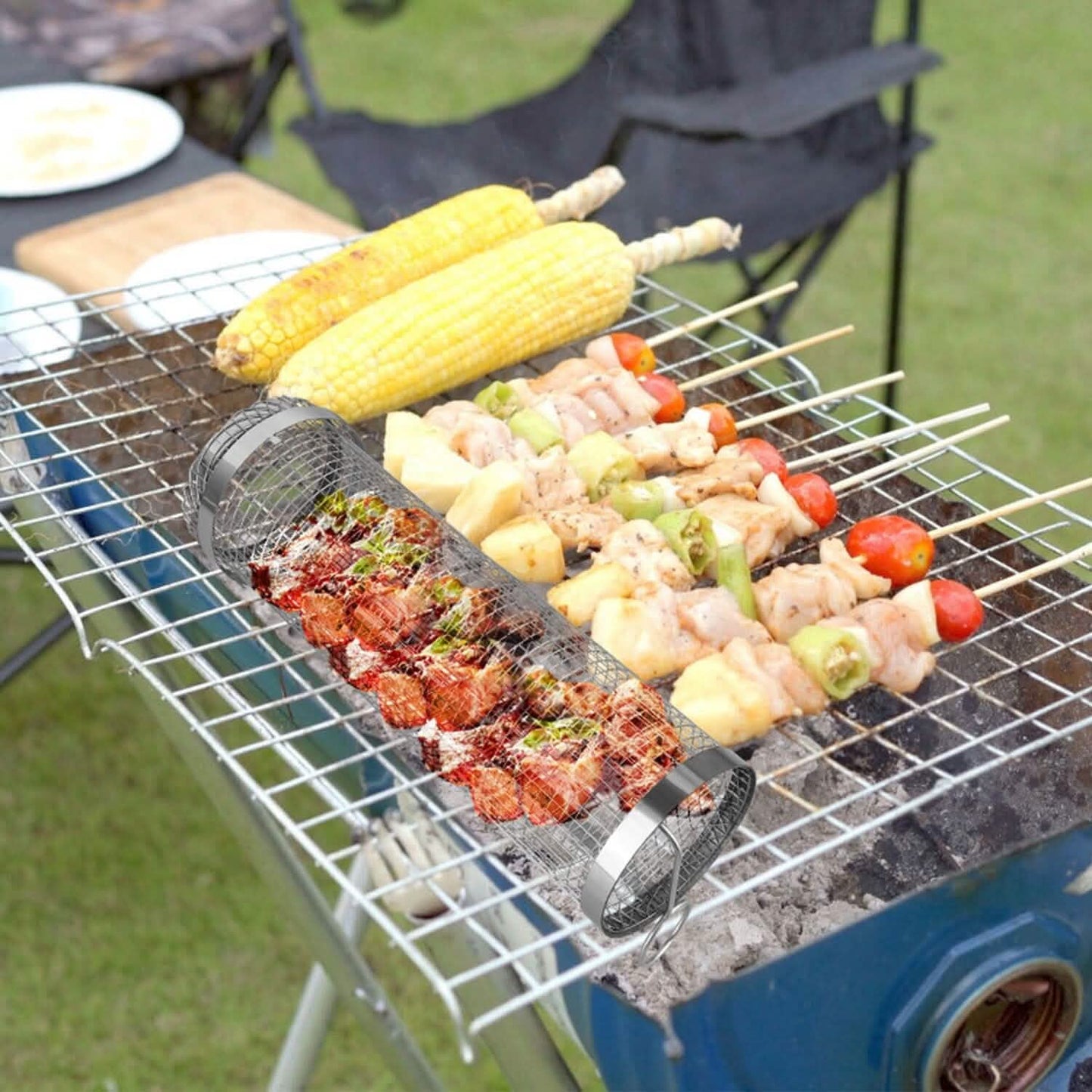 2-Piece: Portable BBQ Rolling Basket Round Stainless Steel Grill Kitchen Tools & Gadgets - Tophatter Daily Deals