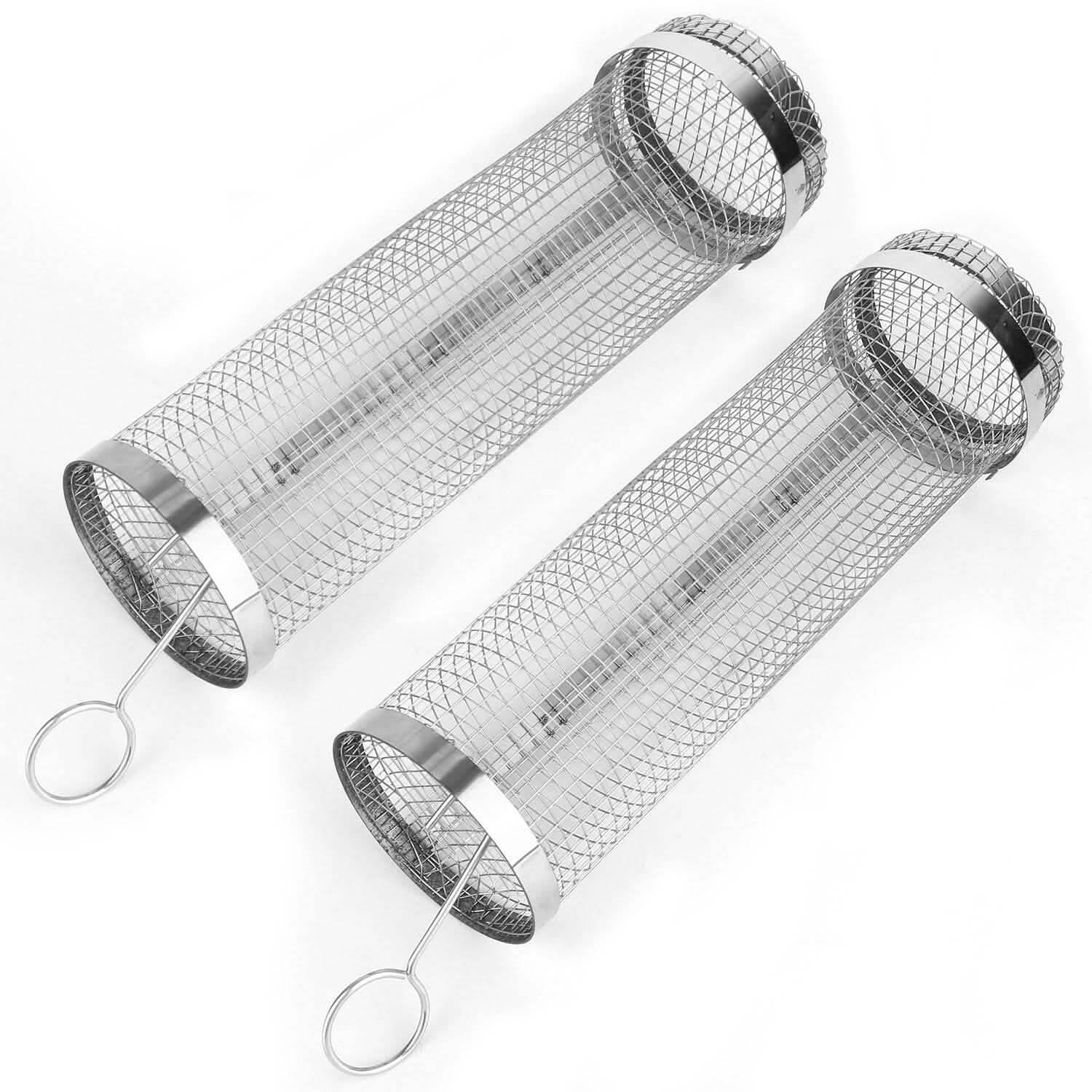 2-Piece: Portable BBQ Rolling Basket Round Stainless Steel Grill Kitchen Tools & Gadgets - Tophatter Daily Deals