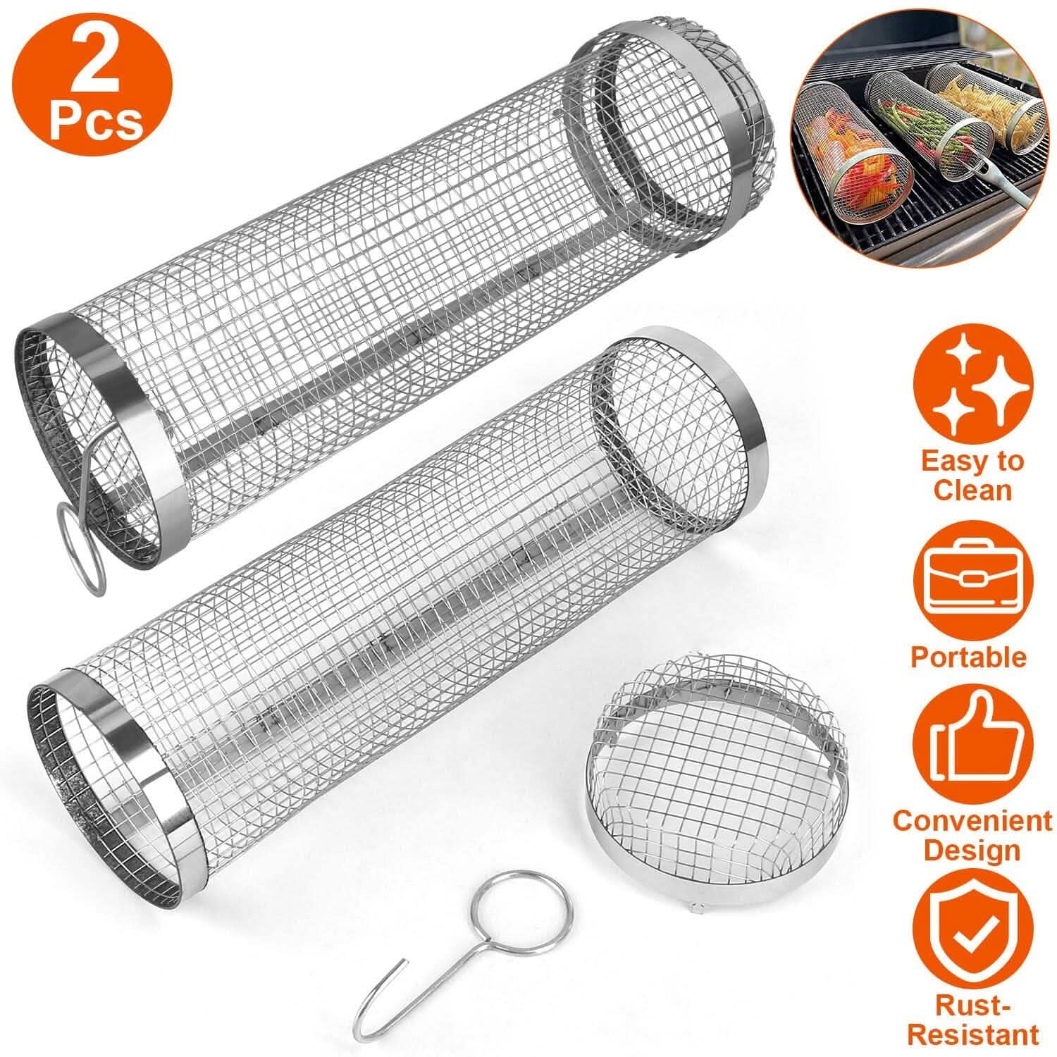 2-Piece: Portable BBQ Rolling Basket Round Stainless Steel Grill Kitchen Tools & Gadgets - Tophatter Daily Deals
