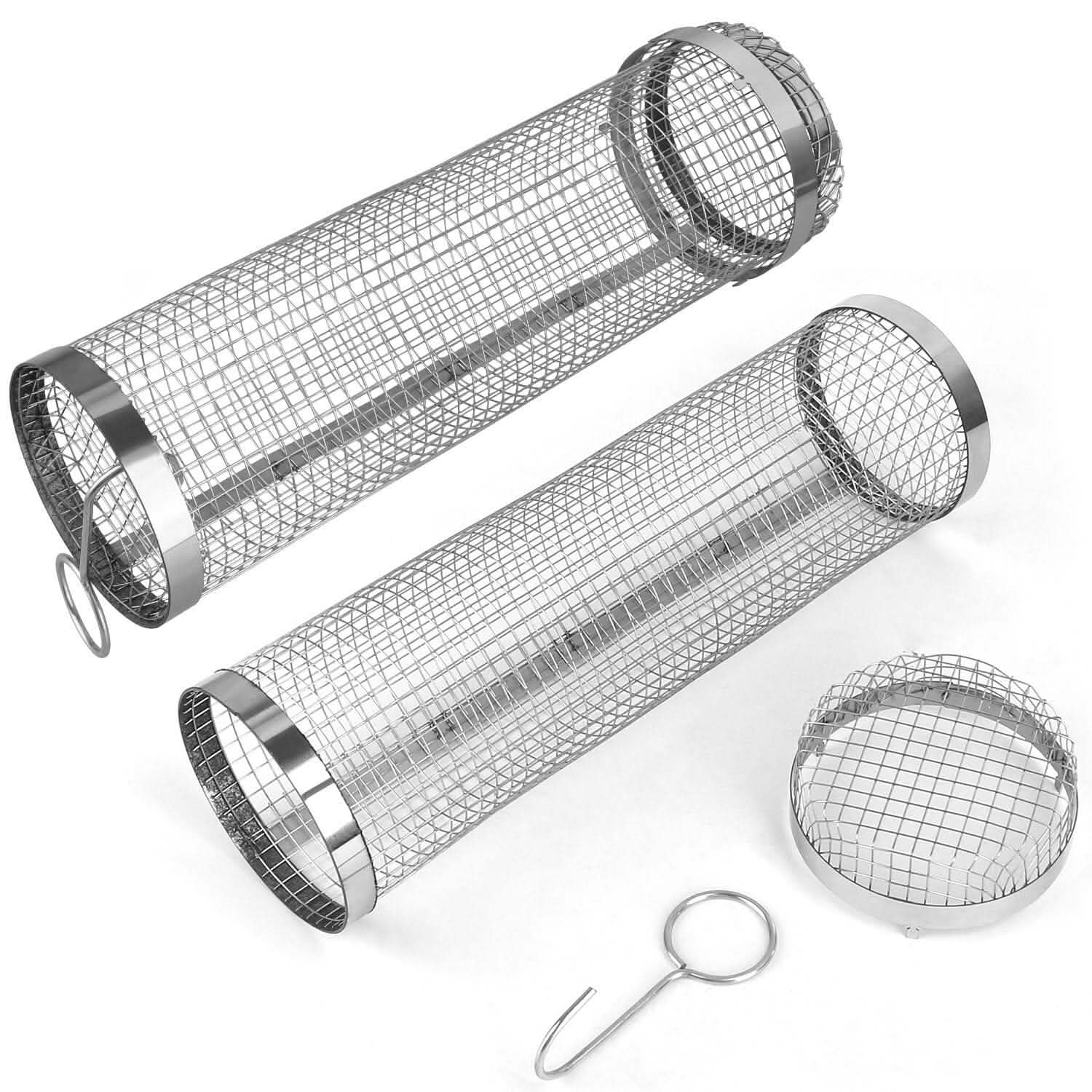 2-Piece: Portable BBQ Rolling Basket Round Stainless Steel Grill Kitchen Tools & Gadgets - Tophatter Daily Deals