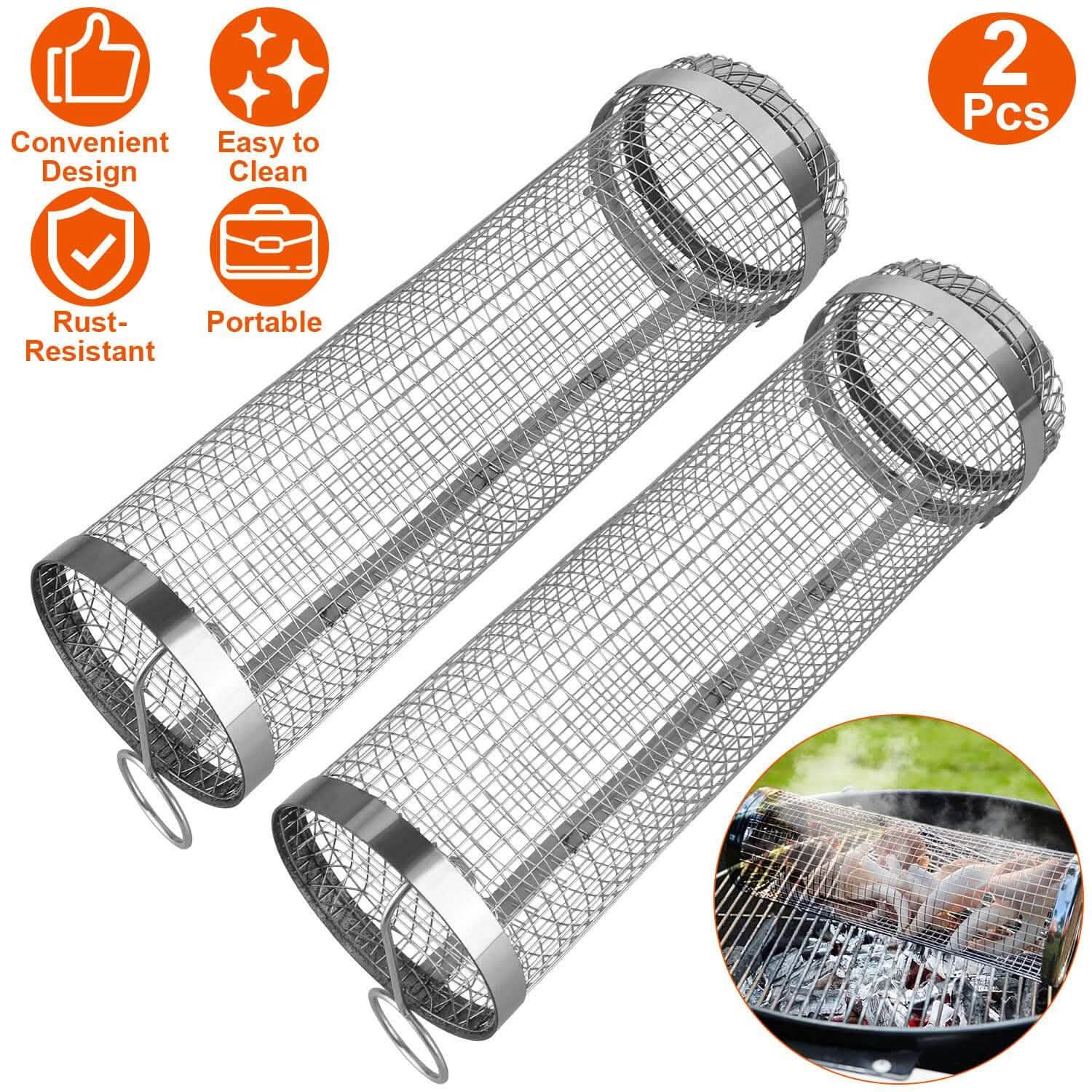 2-Piece: Portable BBQ Rolling Basket Round Stainless Steel Grill Kitchen Tools & Gadgets - Tophatter Daily Deals