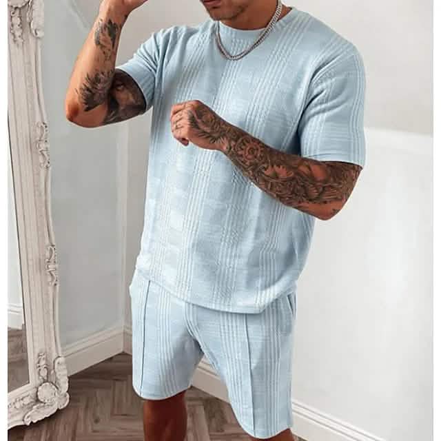 2-Piece Set: Crew Neck Striped Athleisure Short Sleeve Blue Men's Tops - Tophatter Daily Deals