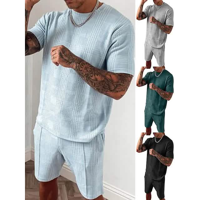 2-Piece Set: Crew Neck Striped Athleisure Short Sleeve Men's Tops - Tophatter Daily Deals