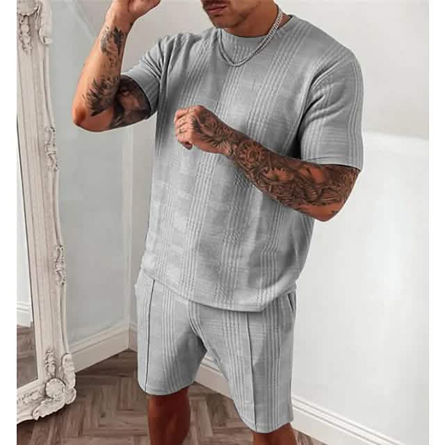 2-Piece Set: Crew Neck Striped Athleisure Short Sleeve Gray Men's Tops - Tophatter Daily Deals