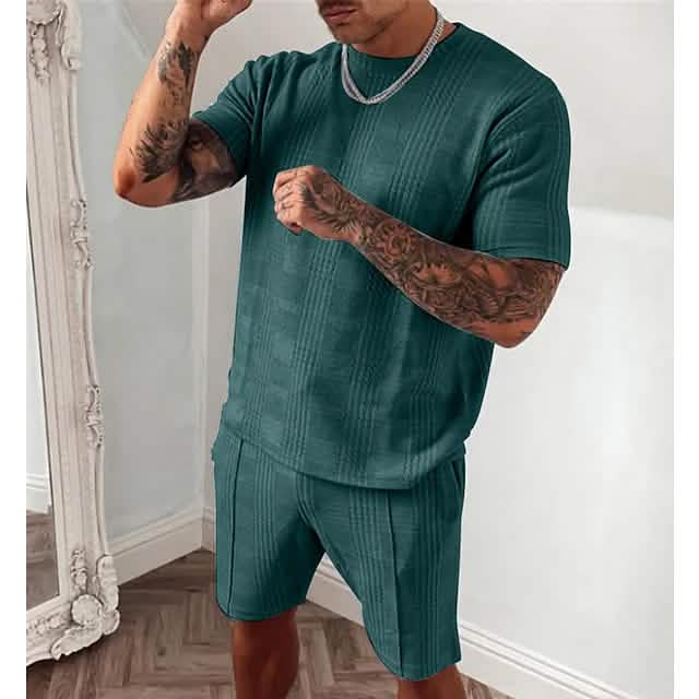 2-Piece Set: Crew Neck Striped Athleisure Short Sleeve Green Men's Tops - Tophatter Daily Deals