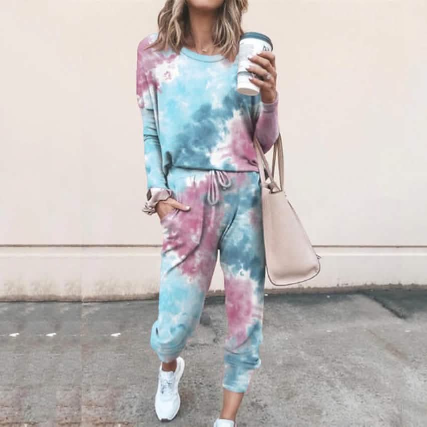 2-Piece Set: Women's Basic Tie Dye Sweatshirt Tracksuit Pants Sets Blue Women's Loungewear - Tophatter Daily Deals
