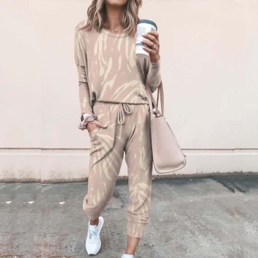 2-Piece Set: Women's Basic Tie Dye Sweatshirt Tracksuit Pants Sets Khaki Women's Loungewear - Tophatter Daily Deals