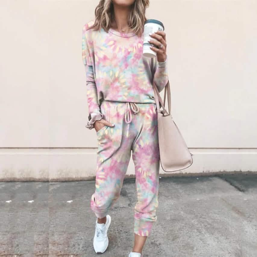 2-Piece Set: Women's Basic Tie Dye Sweatshirt Tracksuit Pants Sets Pink Women's Loungewear - Tophatter Daily Deals