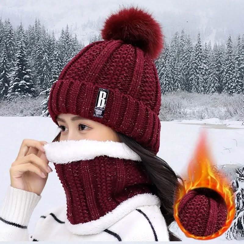 2-Piece Set: Women's Knitted Hat Scarf Caps Neck Warmer Winter Hat Wine Red Hats - Tophatter Daily Deals