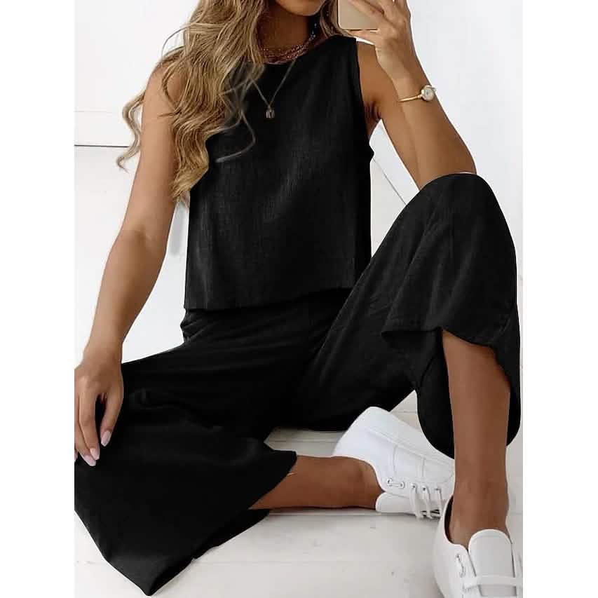 2-Piece Set: Women's Solid Color Casual Tank Top Pants Set Black Women's Loungewear - Tophatter Daily Deals