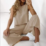 2-Piece Set: Women's Solid Color Casual Tank Top Pants Set Khaki Women's Loungewear - Tophatter Daily Deals