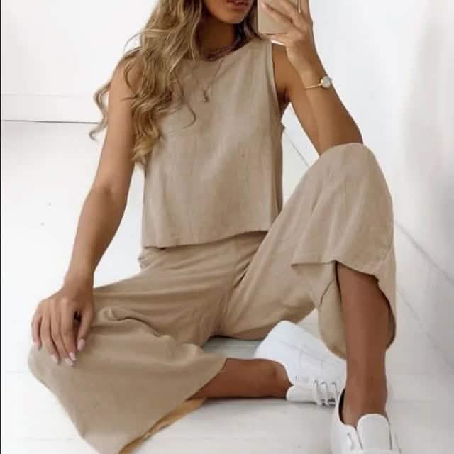 2-Piece Set: Women's Solid Color Casual Tank Top Pants Set Khaki Women's Loungewear - Tophatter Daily Deals
