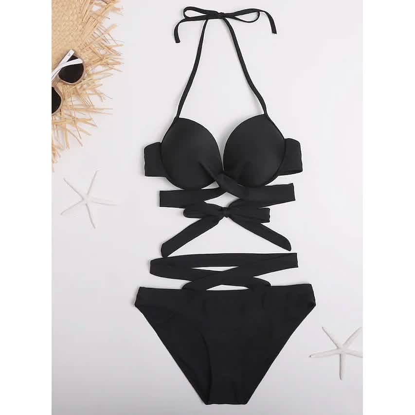 2-Piece Set: Women's Swimwear Bikini Push Up Open Back Solid Color Women's Swimwear - Tophatter Daily Deals