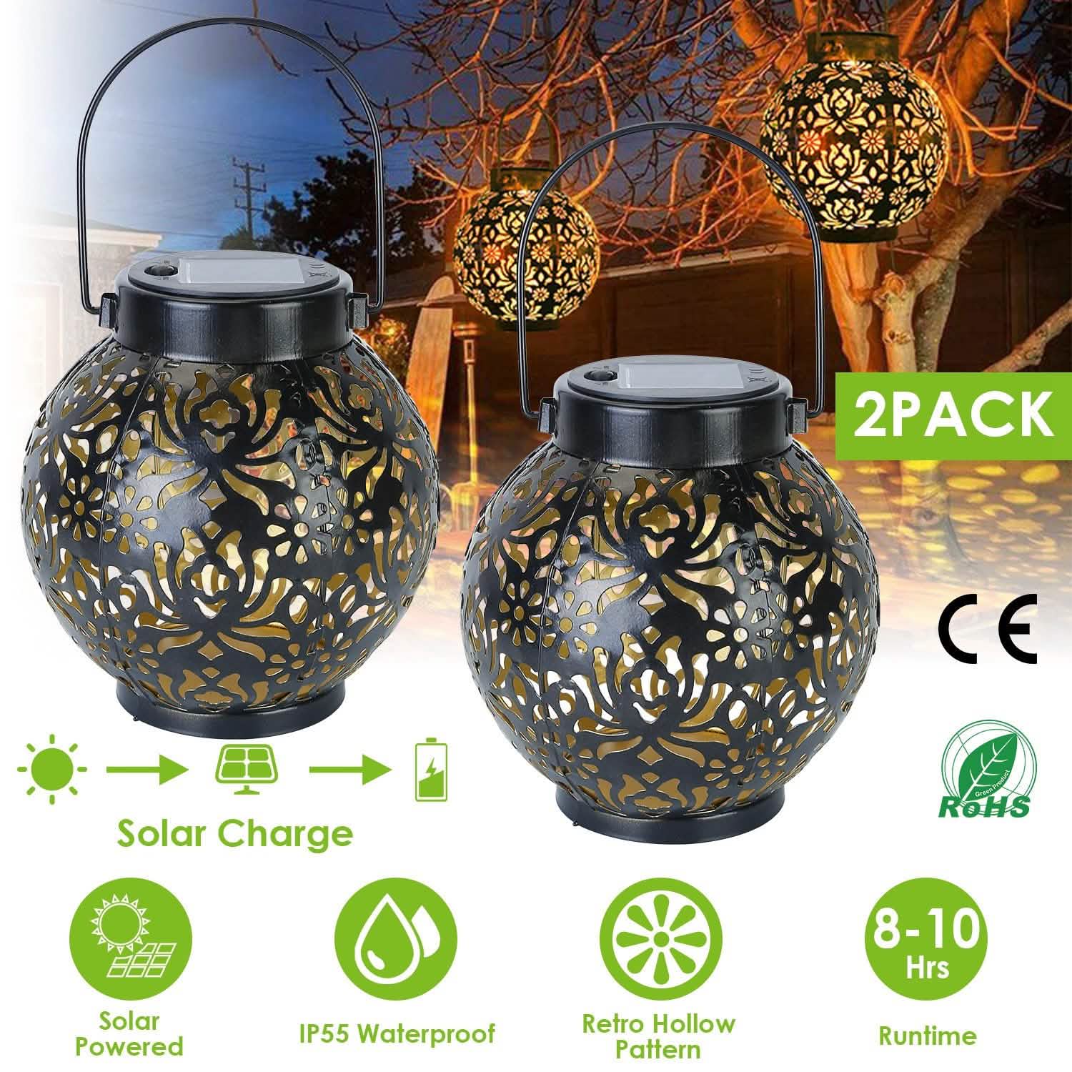 2-Piece: Solar Powered Hanging Lights Outdoor Lighting - Tophatter Daily Deals
