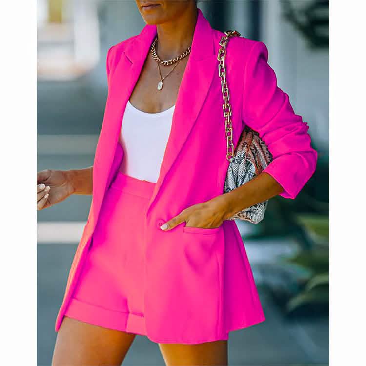 2-Piece: Women's Basic Shirt Collar Blazer Fuchsia Women's Outerwear - Tophatter Daily Deals