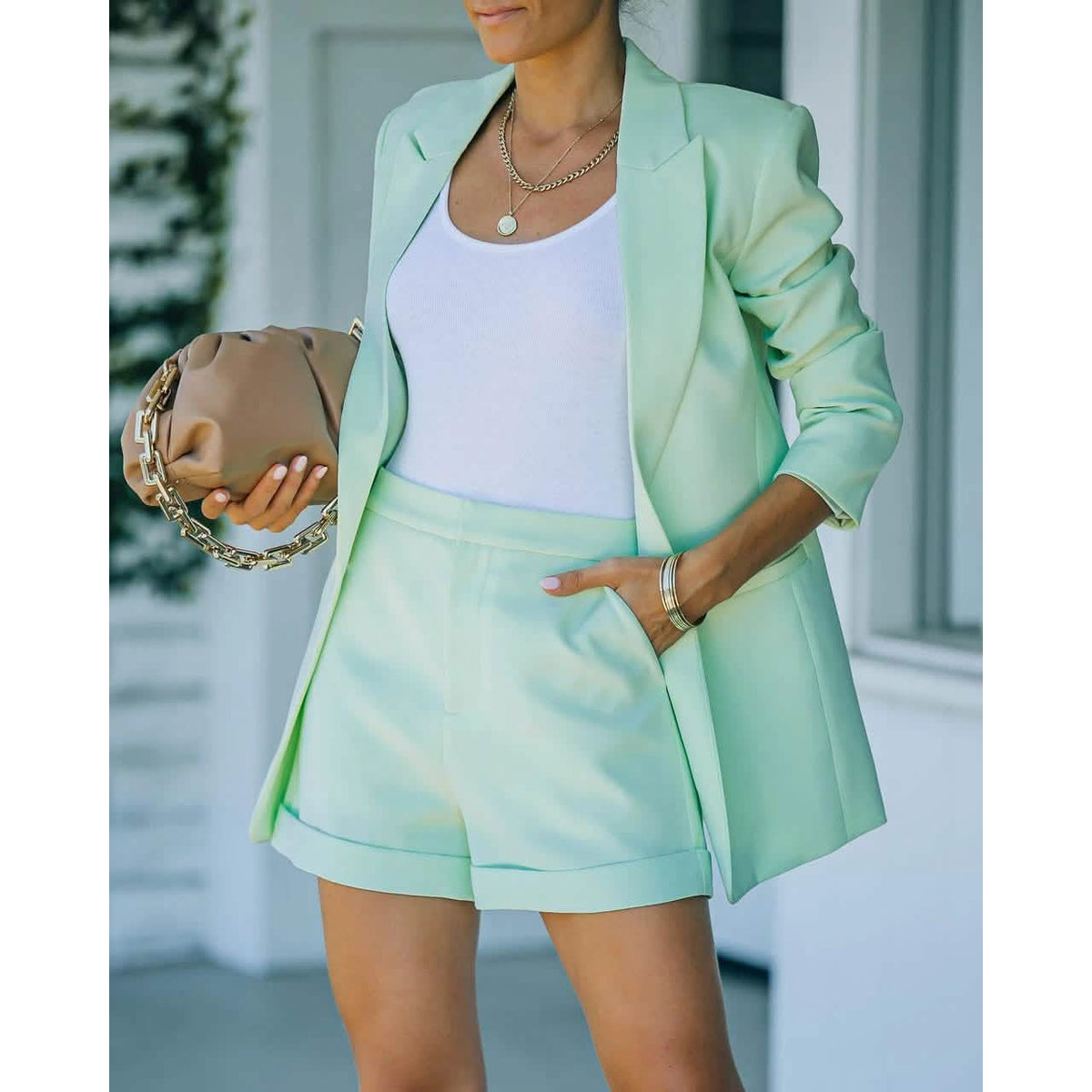 2-Piece: Women's Basic Shirt Collar Blazer Light Green Women's Outerwear - Tophatter Daily Deals
