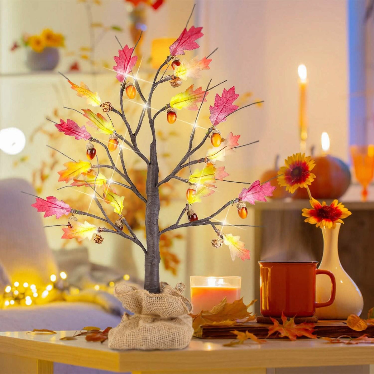 2-Pieces: 2FT Artificial Lighted Maple Tree with 24-Pieces Warm White LED Beads Furniture & Decor - Tophatter Daily Deals