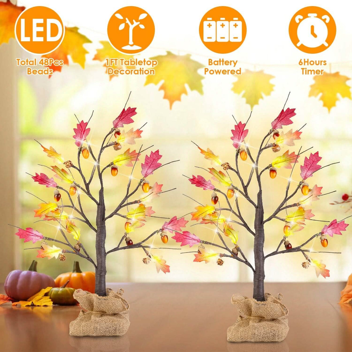 2-Pieces: 2FT Artificial Lighted Maple Tree with 24-Pieces Warm White LED Beads Furniture & Decor - Tophatter Daily Deals