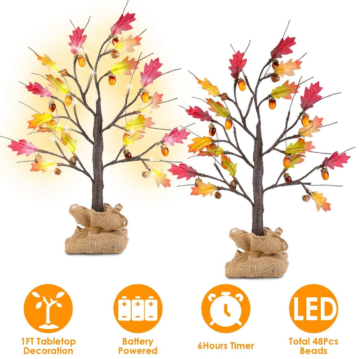 2-Pieces: 2FT Artificial Lighted Maple Tree with 24-Pieces Warm White LED Beads Furniture & Decor - Tophatter Daily Deals