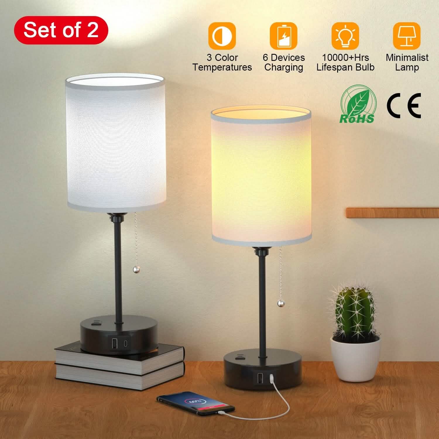 2-Pieces: Bedside Lamps 3 Color Modes USB C+A AC Output Ports Pull Chain Indoor Lighting - Tophatter Daily Deals