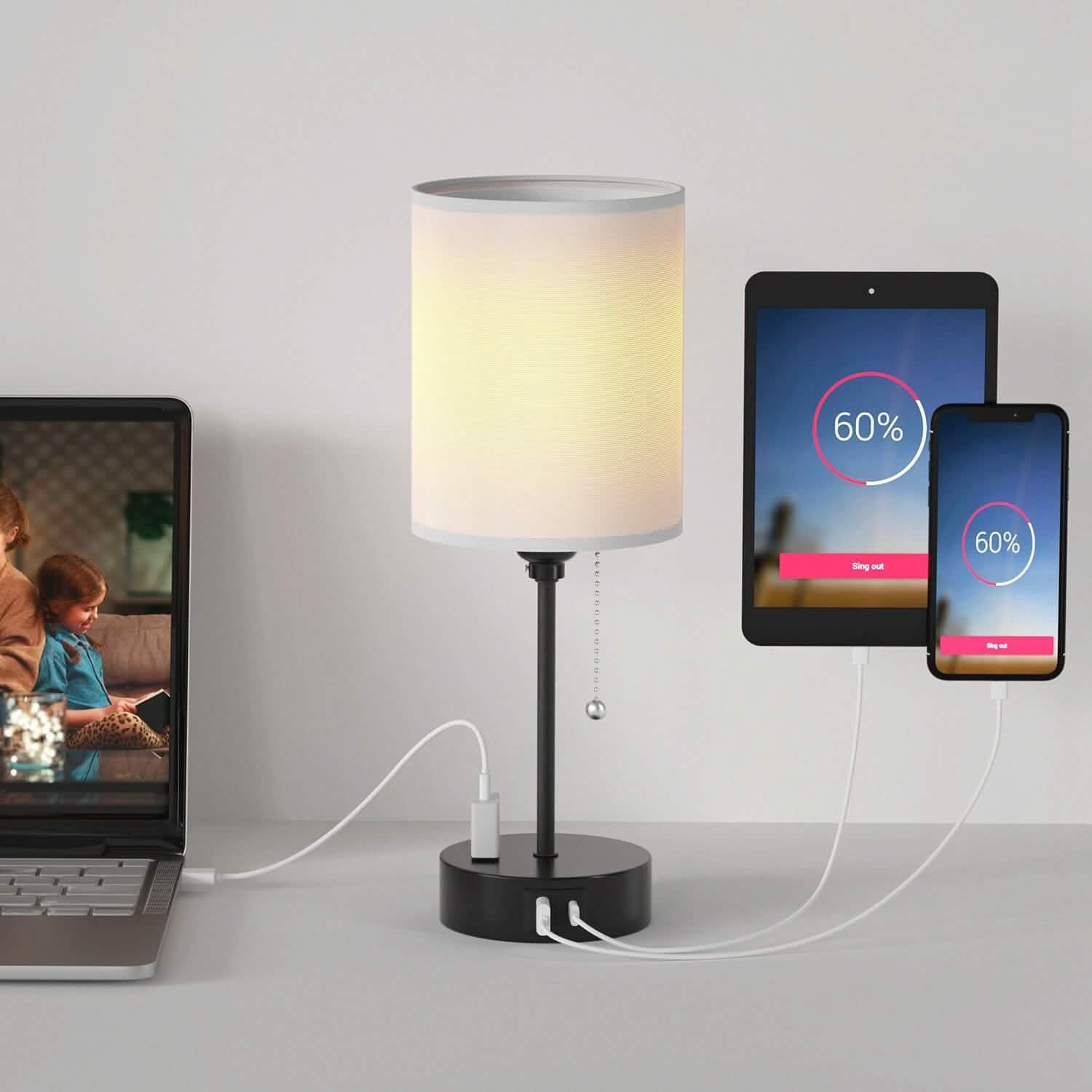 2-Pieces: Bedside Lamps 3 Color Modes USB C+A AC Output Ports Pull Chain Indoor Lighting - Tophatter Daily Deals