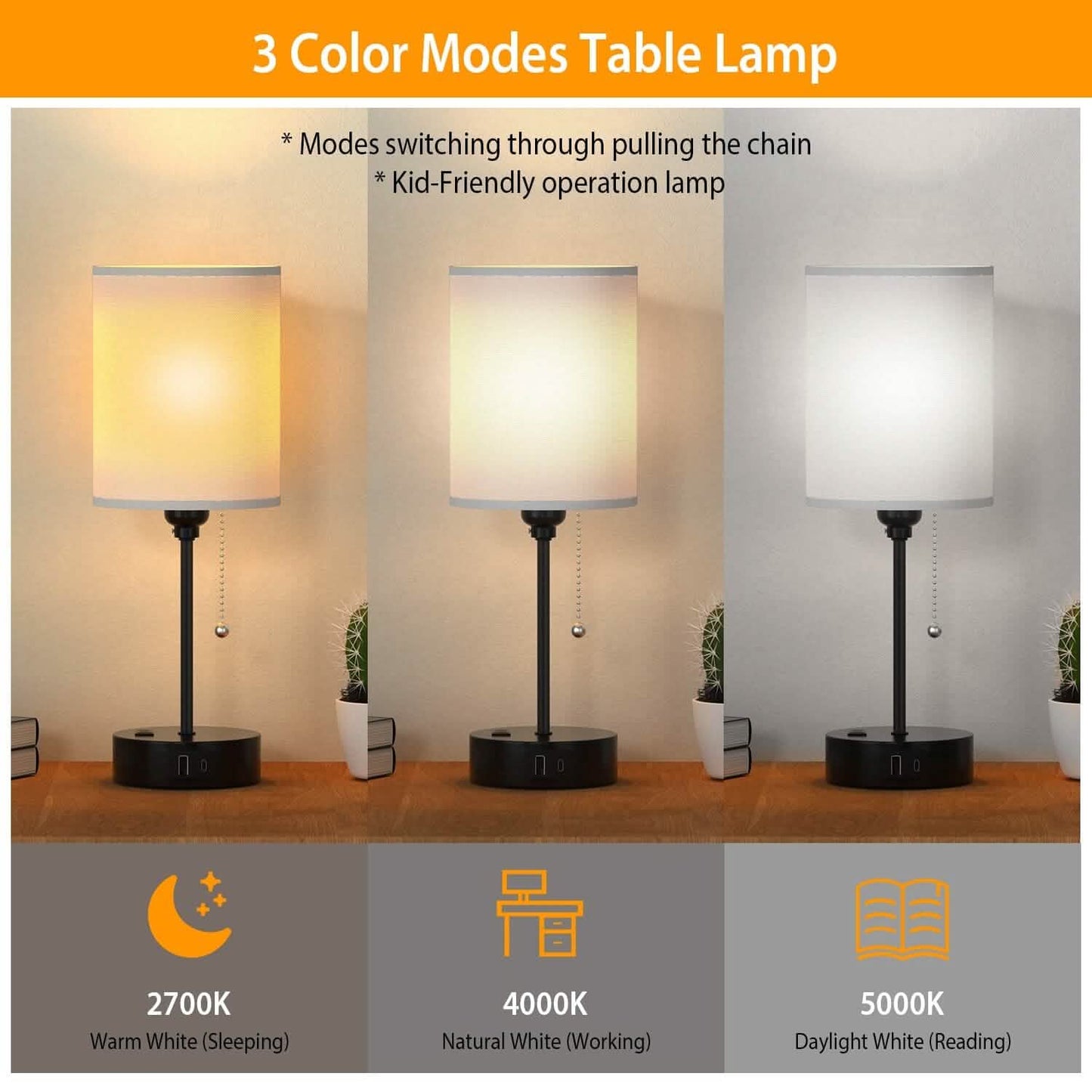 2-Pieces: Bedside Lamps 3 Color Modes USB C+A AC Output Ports Pull Chain Indoor Lighting - Tophatter Daily Deals