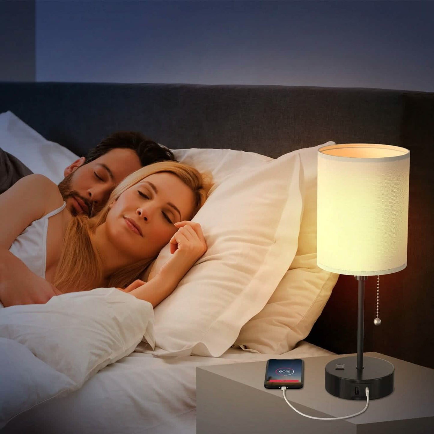 2-Pieces: Bedside Lamps 3 Color Modes USB C+A AC Output Ports Pull Chain Indoor Lighting - Tophatter Daily Deals