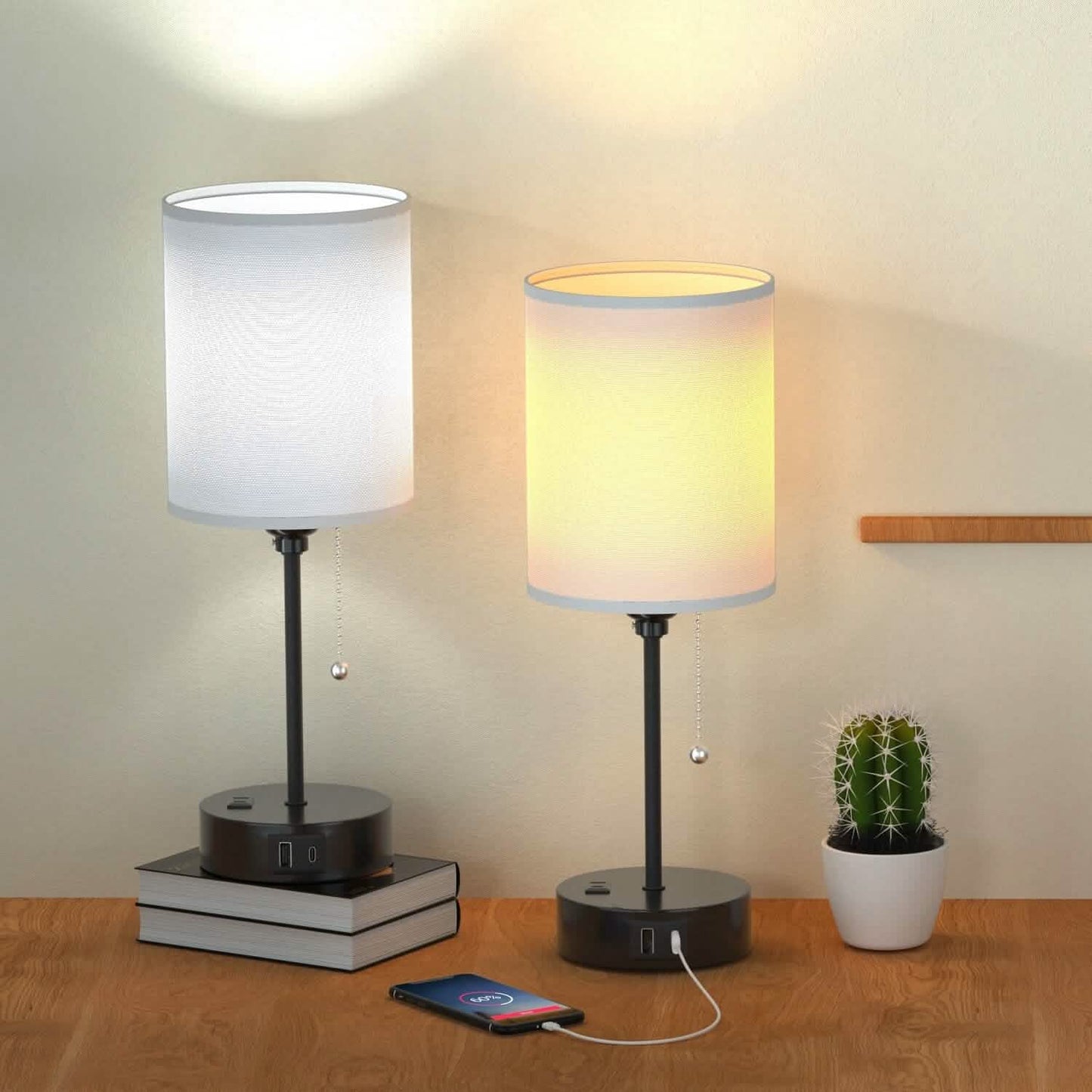 2-Pieces: Bedside Lamps 3 Color Modes USB C+A AC Output Ports Pull Chain Indoor Lighting - Tophatter Daily Deals