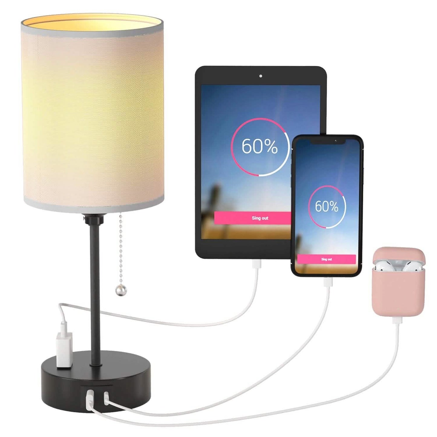 2-Pieces: Bedside Lamps 3 Color Modes USB C+A AC Output Ports Pull Chain Indoor Lighting - Tophatter Daily Deals