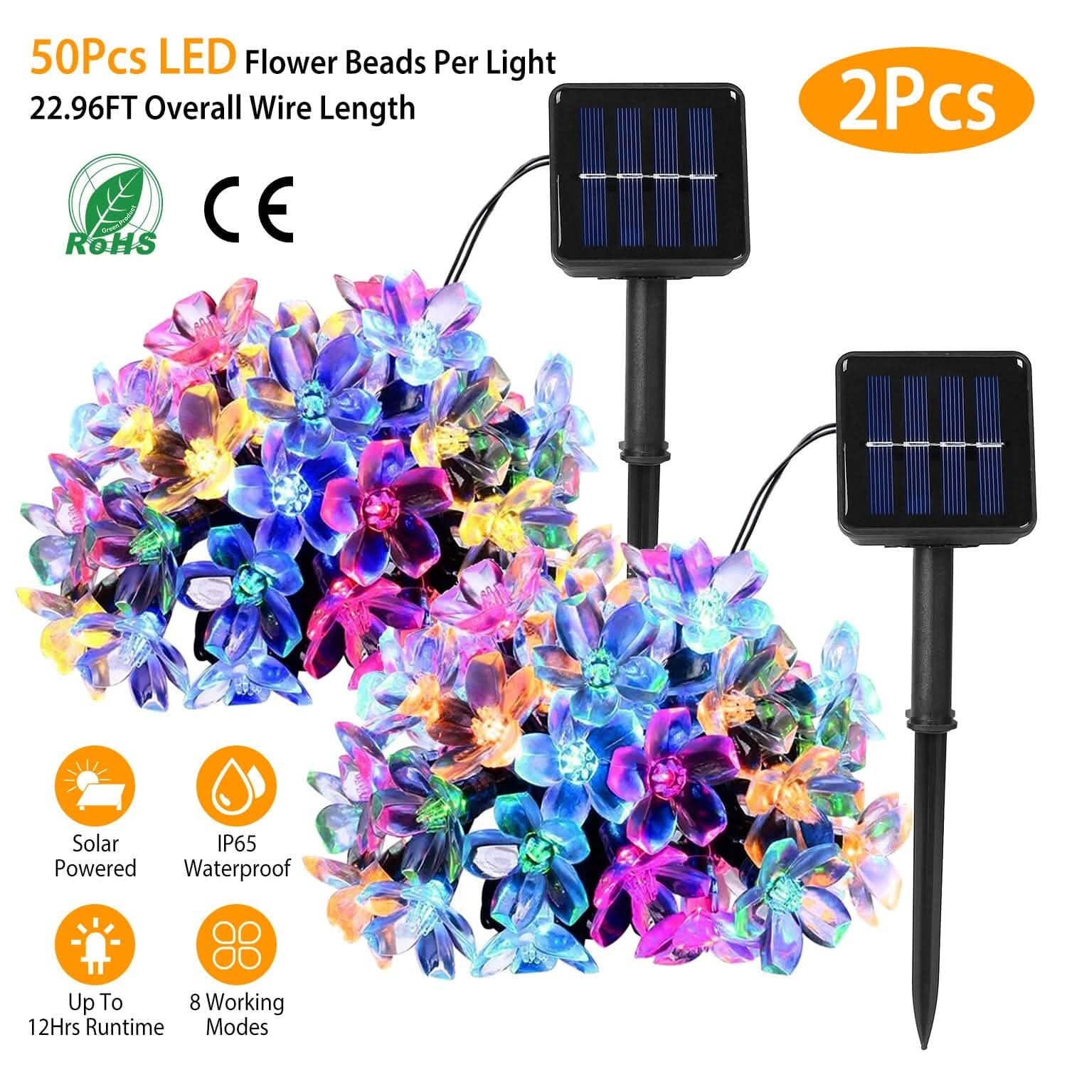 2-Pieces: Solar Power String Lights 50 LED Beads Fairy Sakura Flower String & Fairy Lights - Tophatter Daily Deals