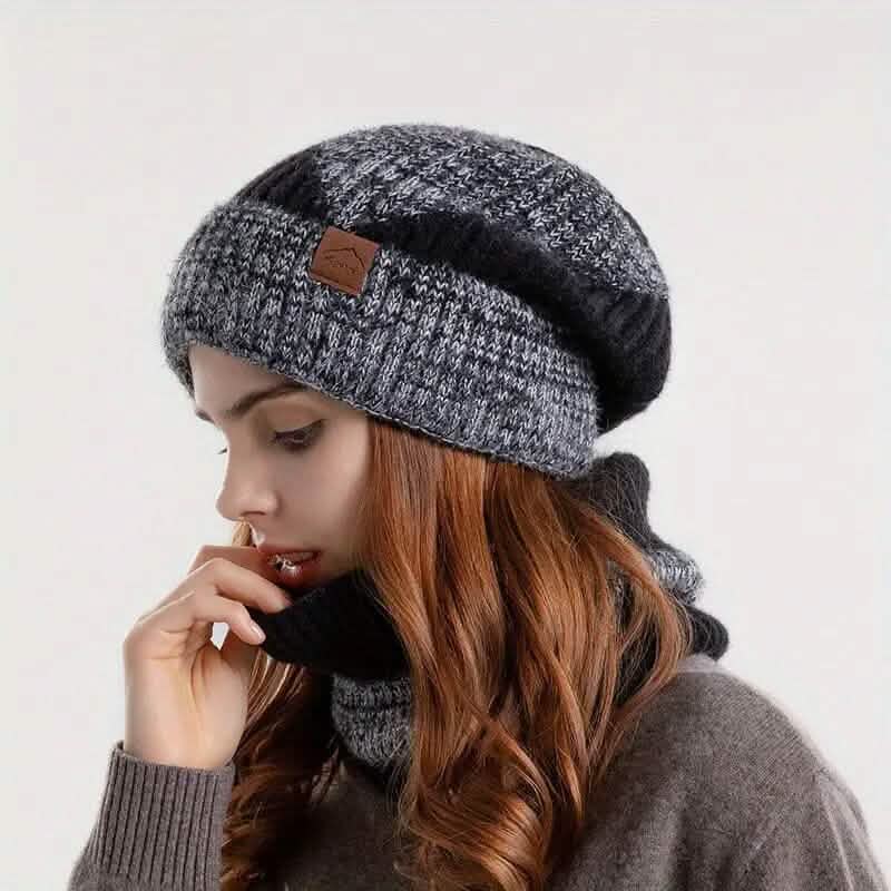 2-Pieces: Two-Tone Warm Knit Winter Hat Black Hats - Tophatter Daily Deals