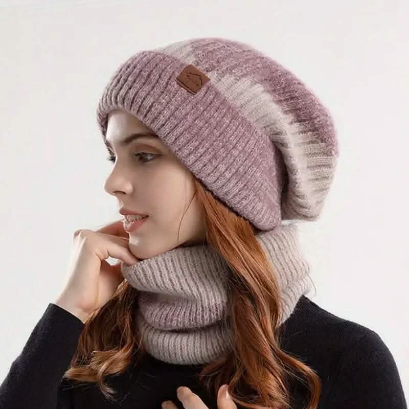 2-Pieces: Two-Tone Warm Knit Winter Hat Light Pink Hats - Tophatter Daily Deals