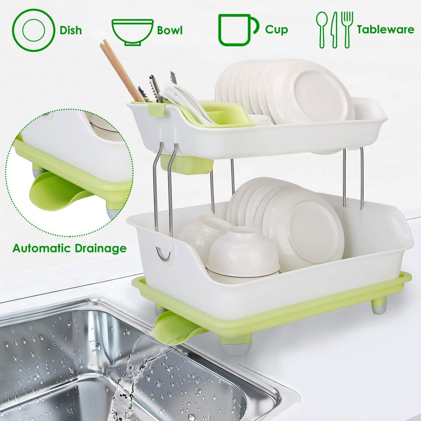 2-Tier Dish Drying Rack Cutlery Drainer Kitchen Storage - Tophatter Daily Deals