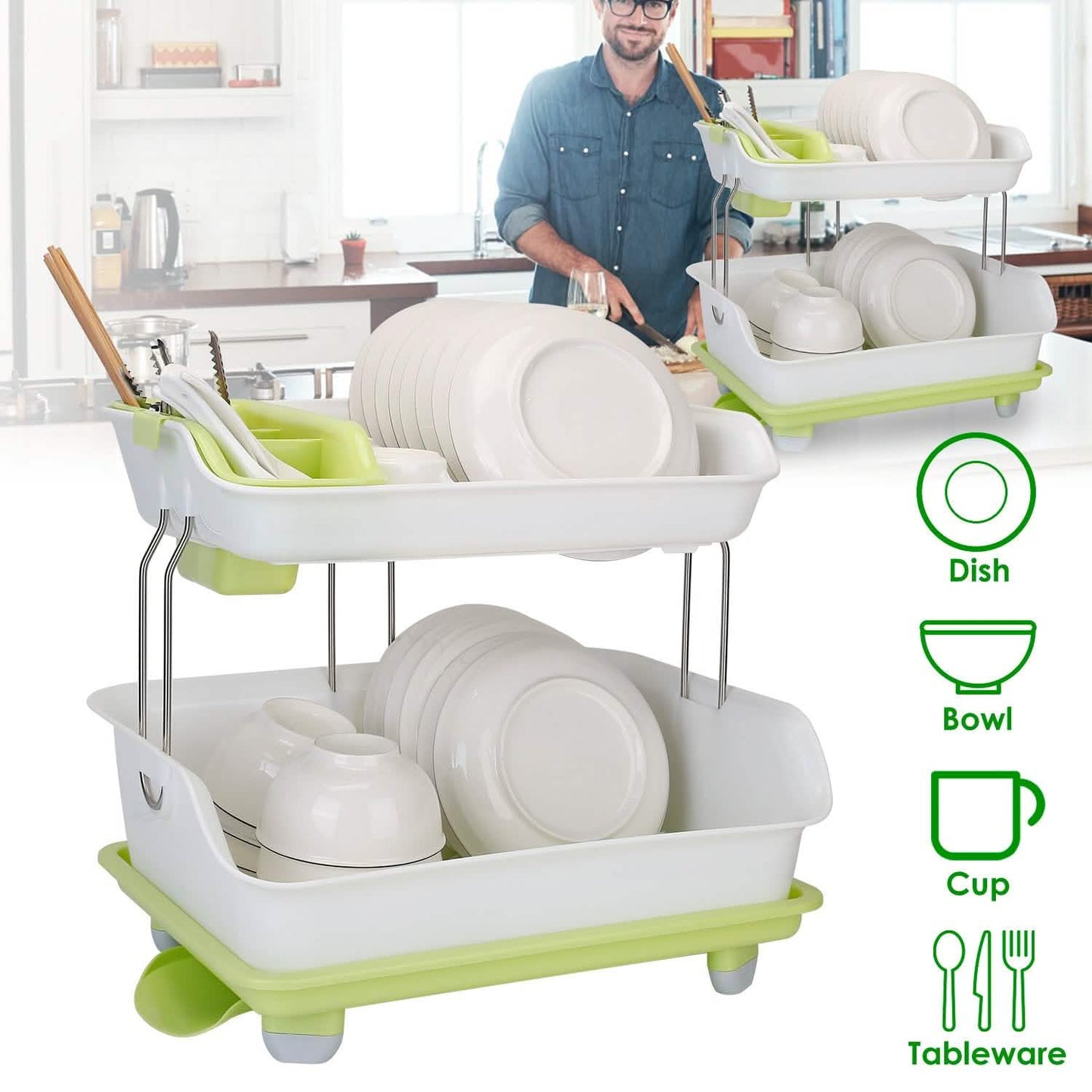 2-Tier Dish Drying Rack Cutlery Drainer Kitchen Storage - Tophatter Daily Deals