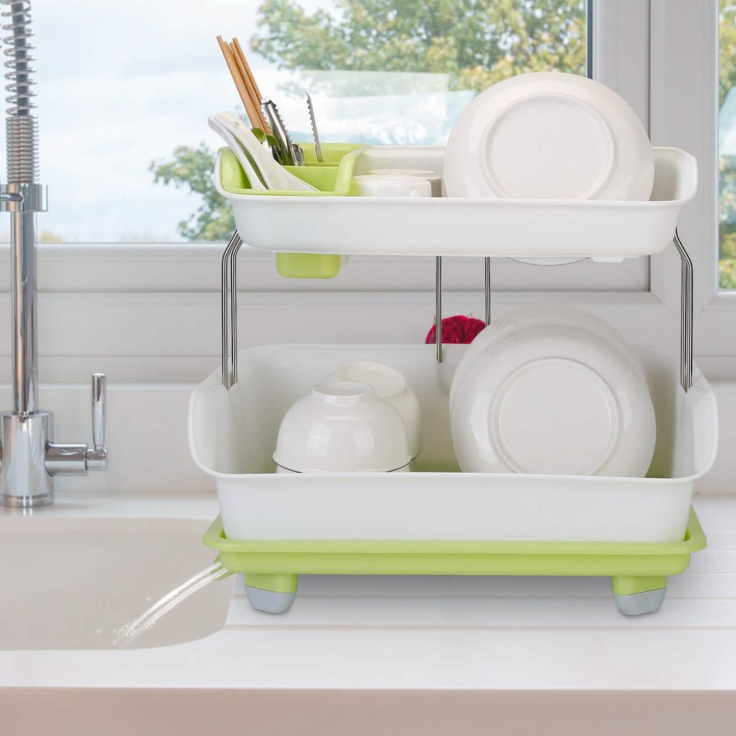 2-Tier Dish Drying Rack Cutlery Drainer Kitchen Storage - Tophatter Daily Deals