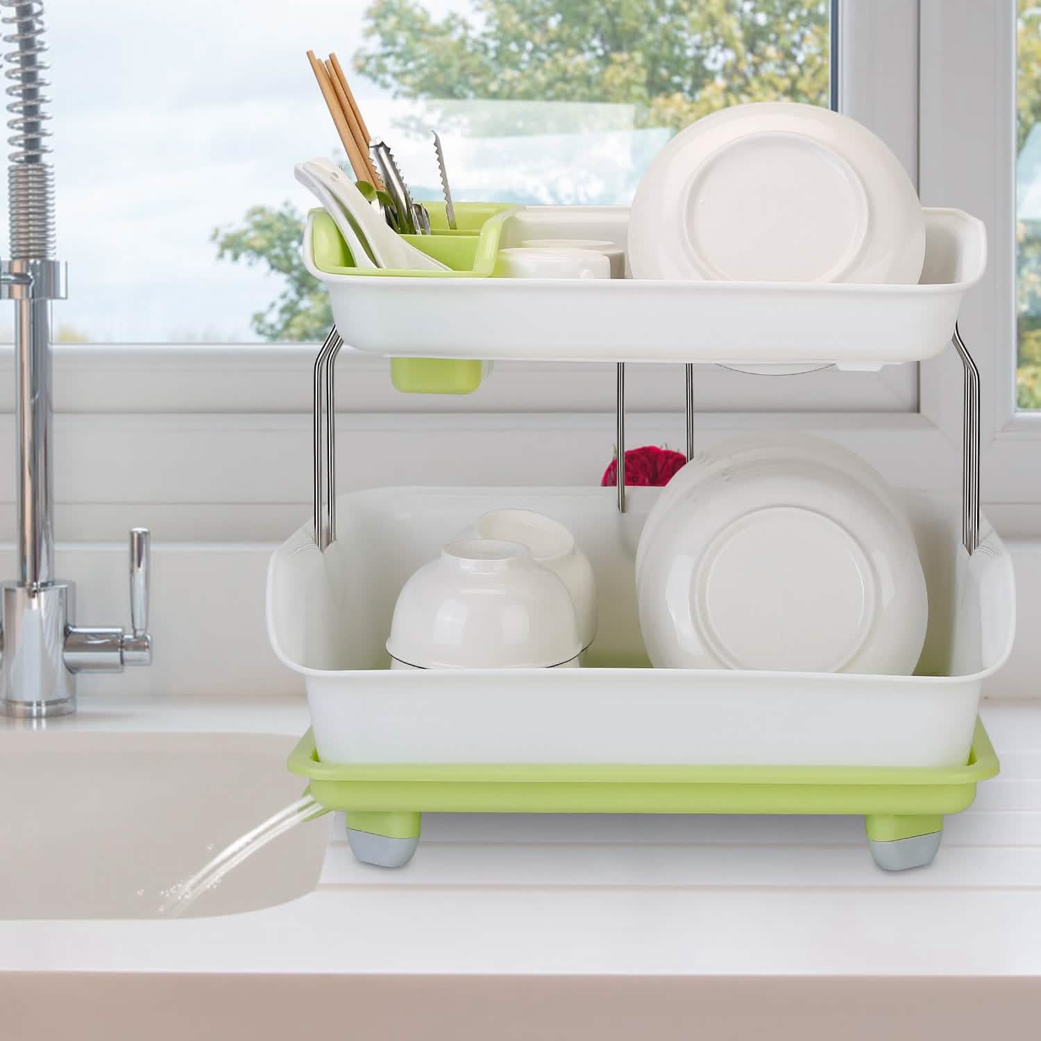 2-Tier Dish Drying Rack Cutlery Drainer Kitchen Storage - Tophatter Daily Deals