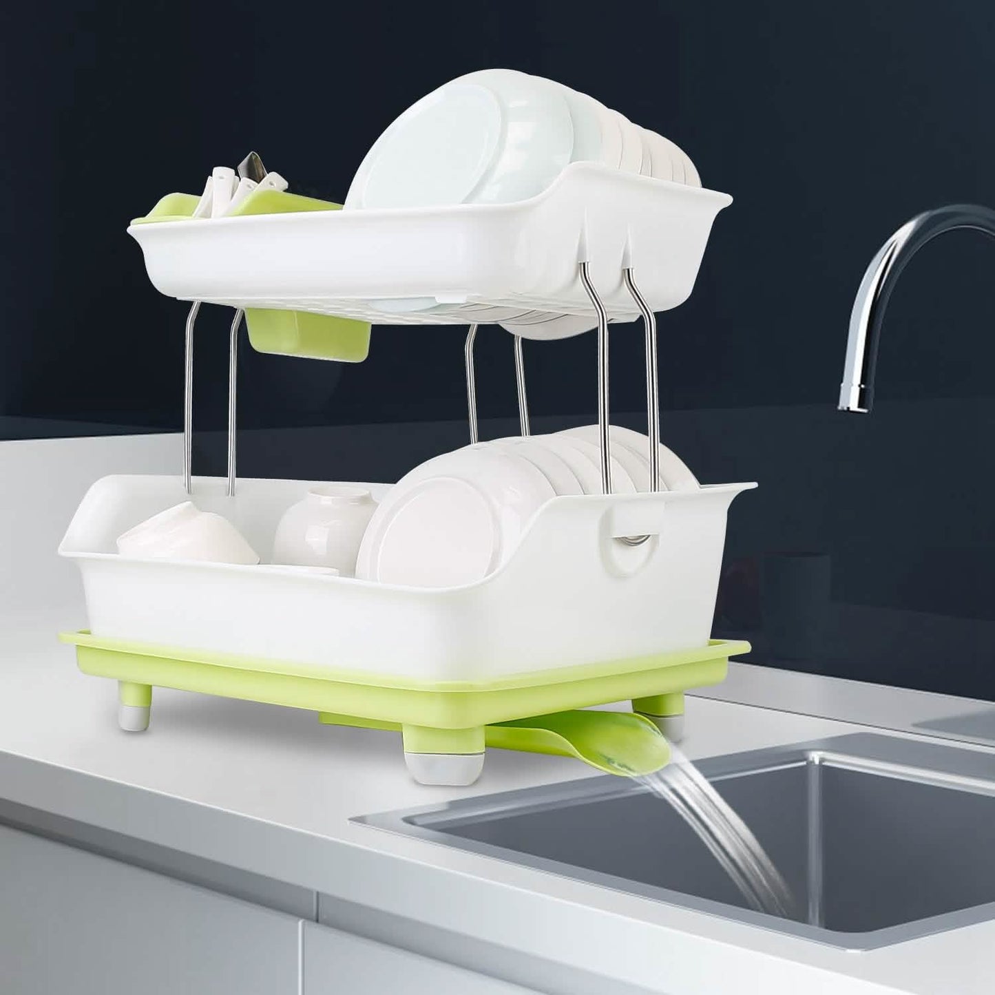 2-Tier Dish Drying Rack Cutlery Drainer Kitchen Storage - Tophatter Daily Deals
