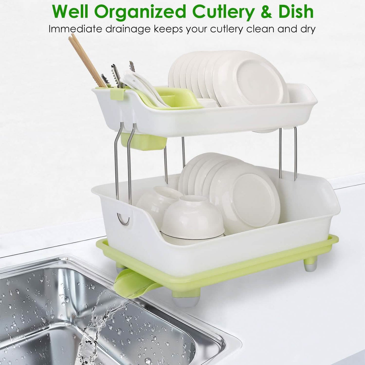 2-Tier Dish Drying Rack Cutlery Drainer Kitchen Storage - Tophatter Daily Deals