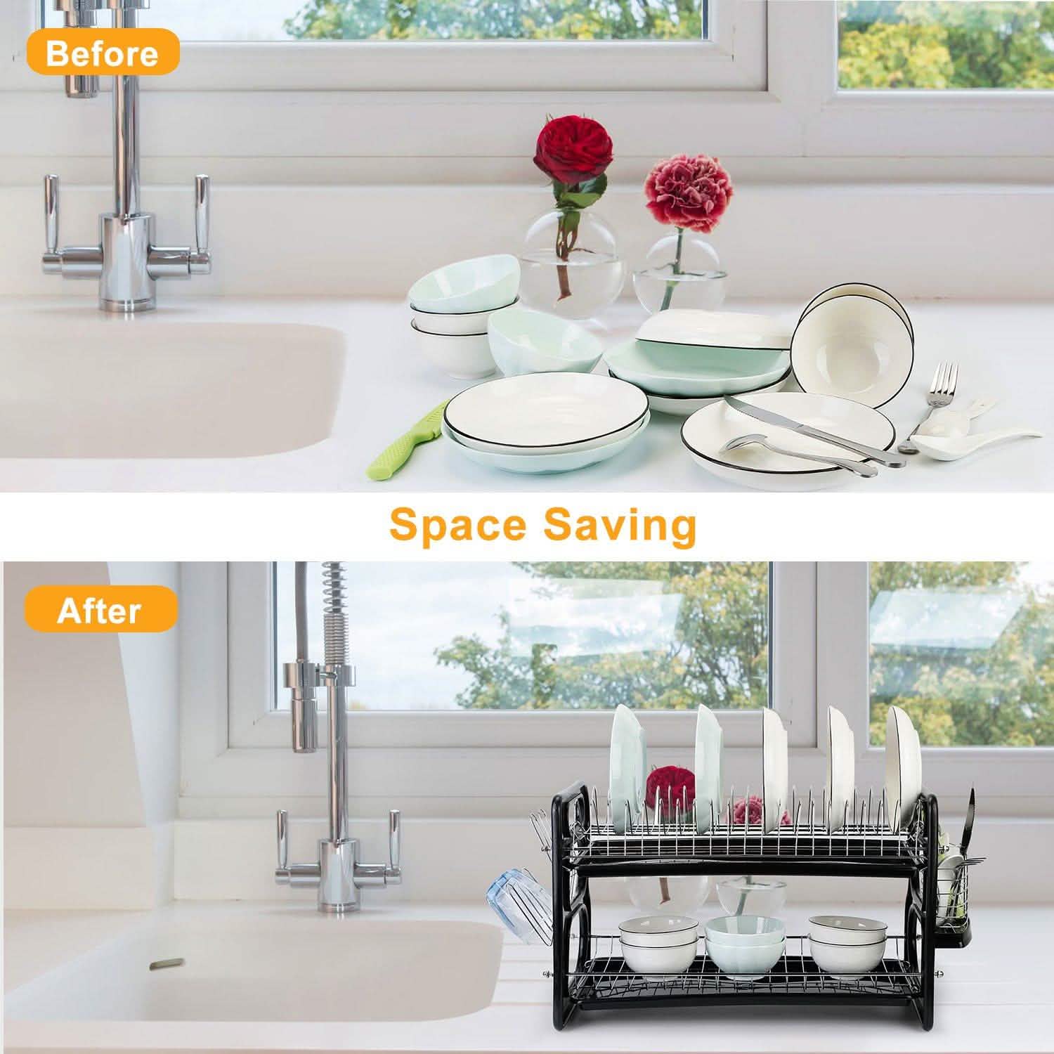 2-Tier Dish Drying Rack Drainboard Set Kitchen Storage - Tophatter Daily Deals