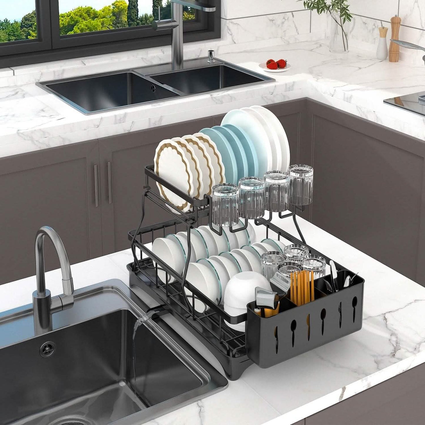 2-Tier Dish Rack Drainer Organizer Set with Utensil Cup Holder Rack Swivel Spout Kitchen Storage - Tophatter Daily Deals