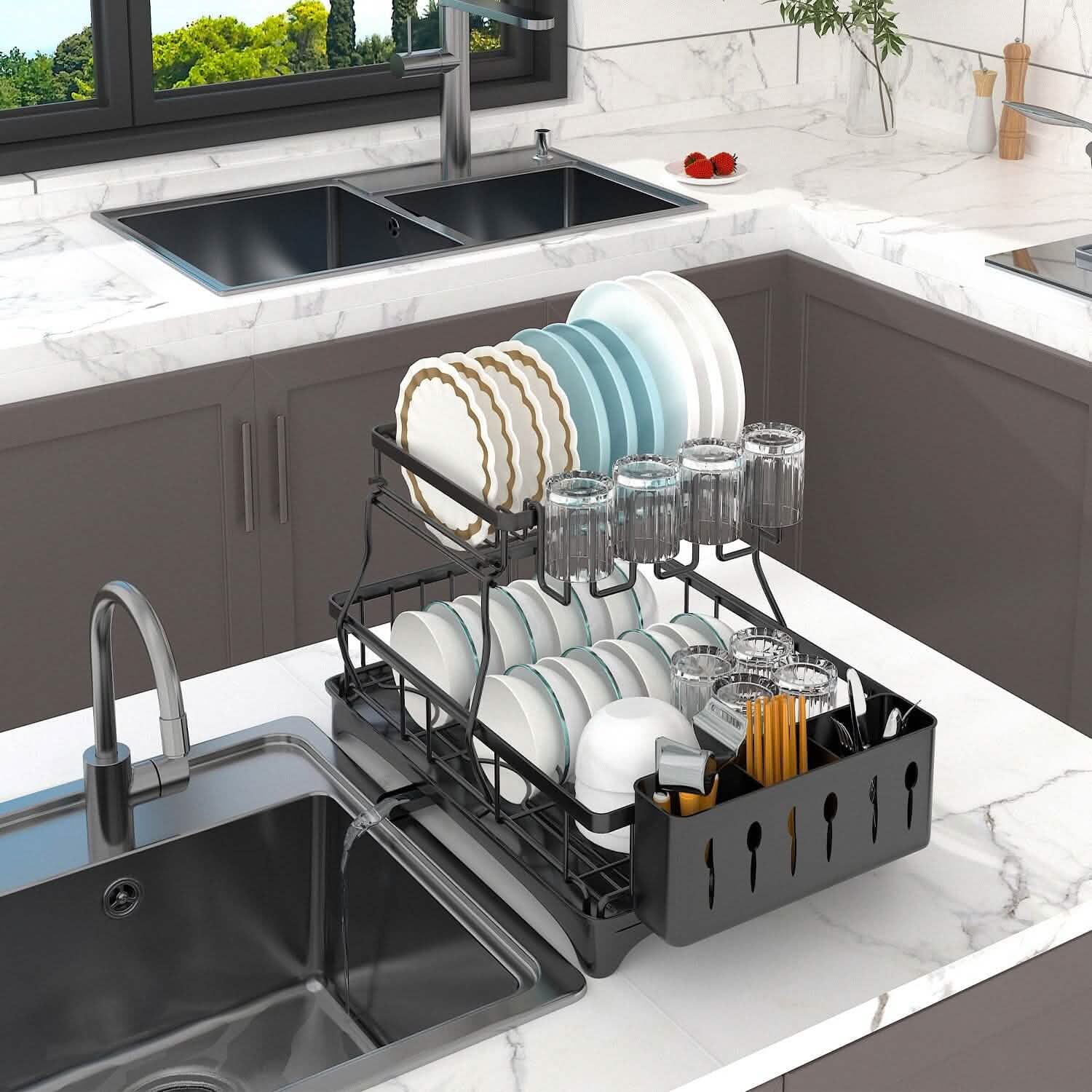 2-Tier Dish Rack Drainer Organizer Set with Utensil Cup Holder Rack Swivel Spout Kitchen Storage - Tophatter Daily Deals