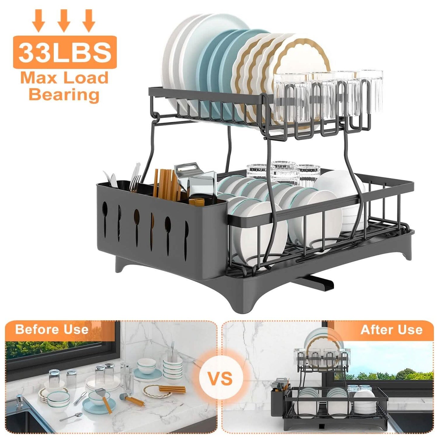 2-Tier Dish Rack Drainer Organizer Set with Utensil Cup Holder Rack Swivel Spout Kitchen Storage - Tophatter Daily Deals