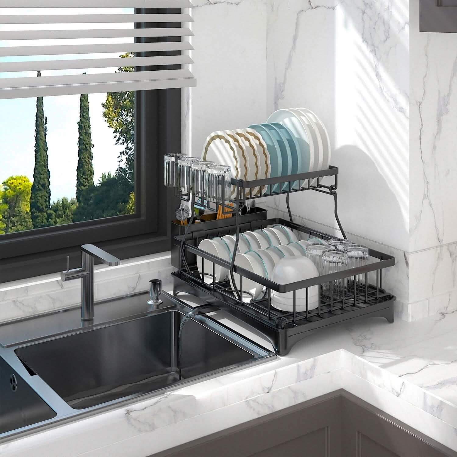 2-Tier Dish Rack Drainer Organizer Set with Utensil Cup Holder Rack Swivel Spout Kitchen Storage - Tophatter Daily Deals