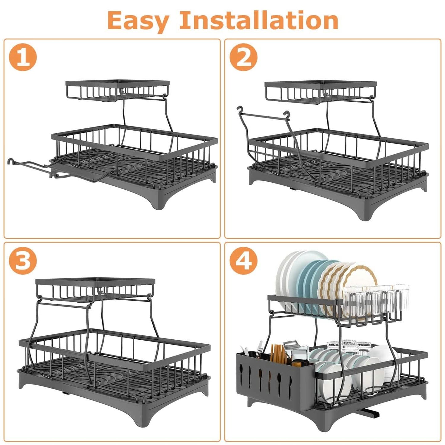 2-Tier Dish Rack Drainer Organizer Set with Utensil Cup Holder Rack Swivel Spout Kitchen Storage - Tophatter Daily Deals
