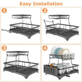 2-Tier Dish Rack Drainer Organizer Set with Utensil Cup Holder Rack Swivel Spout Kitchen Storage - Tophatter Daily Deals