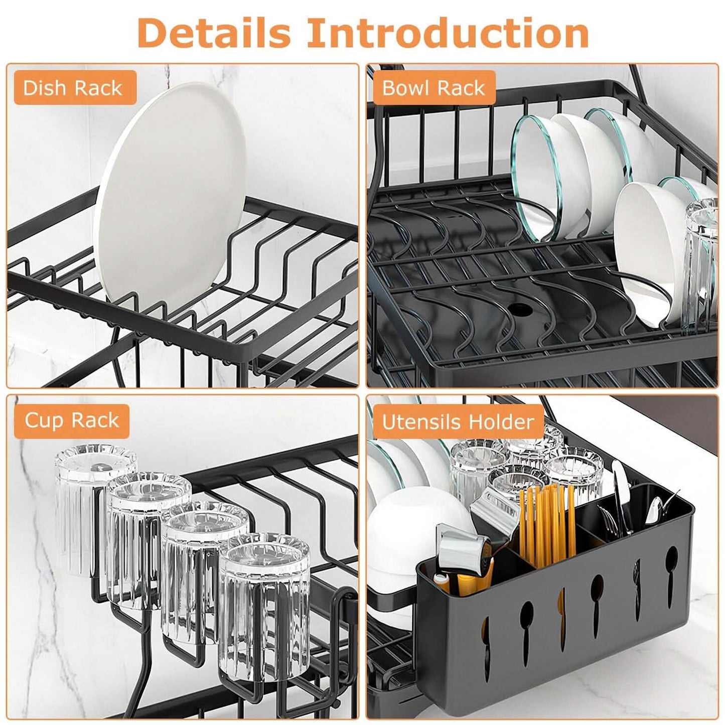 2-Tier Dish Rack Drainer Organizer Set with Utensil Cup Holder Rack Swivel Spout Kitchen Storage - Tophatter Daily Deals