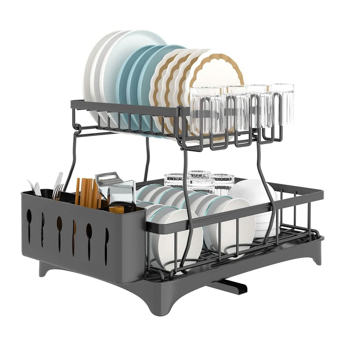 2-Tier Dish Rack Drainer Organizer Set with Utensil Cup Holder Rack Swivel Spout Kitchen Storage - Tophatter Daily Deals