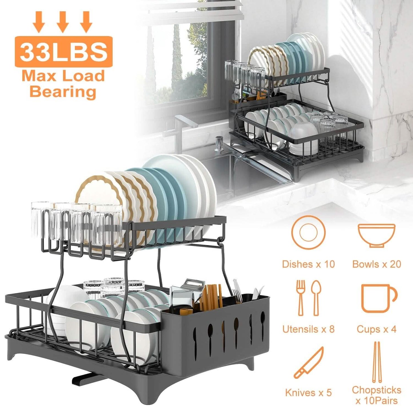 2-Tier Dish Rack Drainer Organizer Set with Utensil Cup Holder Rack Swivel Spout Kitchen Storage - Tophatter Daily Deals